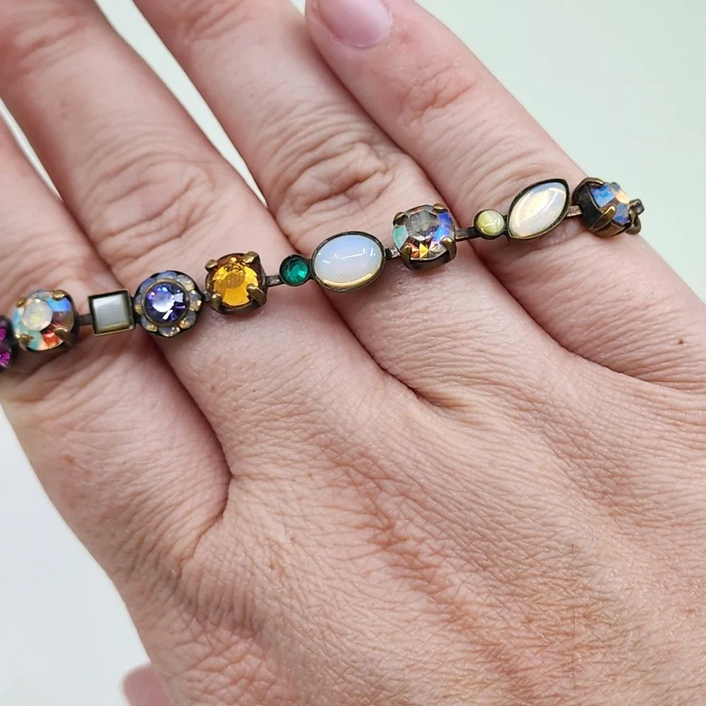 Sorrelli Multicolor Crystal Floral Bracelet Antiqued Gold Tone Statement Jewelry